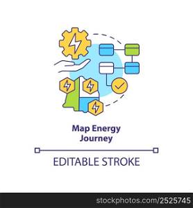 Map energy journey concept icon. Pathway to energy strategy abstract idea thin line illustration. Process visualization. Isolated outline drawing. Editable stroke. Arial, Myriad Pro-Bold fonts used. Map energy journey concept icon
