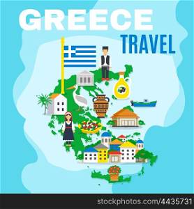Map Greece Poster. Greek poster with mainland map and main attractions sightseeing and peculiarities of the country vector illustration