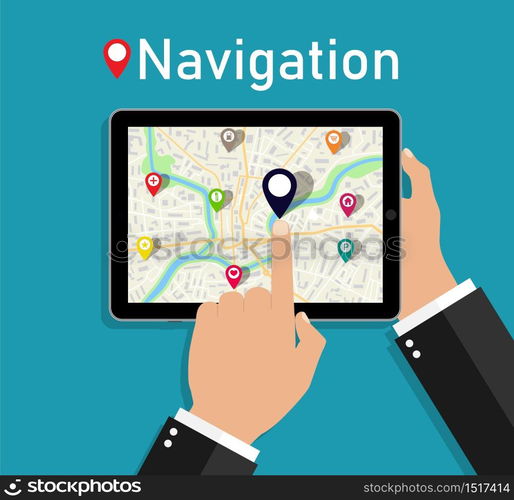 Map in tablet. Hand hold phone with gps navigation for city. Tracking location in street. Road with pins on screen. Online ui in planner of navigator. Device guide of smartphone navigation app. Vector. Map in tablet. Hand hold phone with gps navigation for city. Tracking location in street. Road with pins on screen. Online ui in planner of navigator. Device guide of navigation app. Vector.