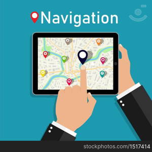 Map in tablet. Hand hold phone with gps navigation for city. Tracking location in street. Road with pins on screen. Online ui in planner of navigator. Device guide of smartphone navigation app. Vector. Map in tablet. Hand hold phone with gps navigation for city. Tracking location in street. Road with pins on screen. Online ui in planner of navigator. Device guide of navigation app. Vector.