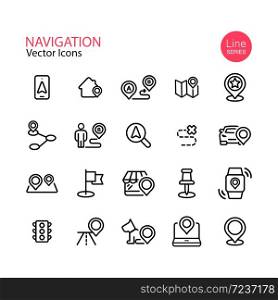 Map location and navigation line icon set. Pin, destination, GPS, mobile phone, flat, distance marker, traffic light. Vector on isolated white background. Eps 10.. Map location and navigation line icon set. Pin, destination, GPS, mobile phone, flat, distance marker, traffic light. Vector on isolated white background. Eps 10