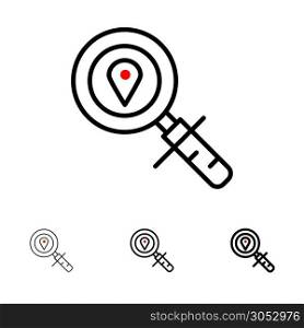 Map, Location, Search, Navigation Bold and thin black line icon set