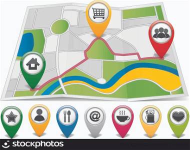 Map markers with different icons on the abstract map