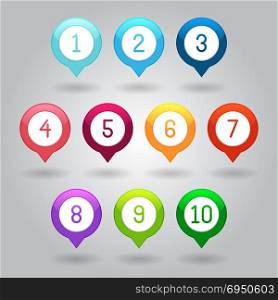 Map markers with numbers vector eps10 illustration. Map markers with numbers - vector illustration isolated on gray background eps10