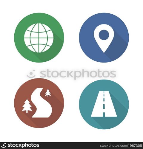 Map navigation flat design icons set. Cartography travel markers. Logistics application interface symbols. Gps location pin mark. City road and offroad long shadow silhouette signs. Vector infographic. Map navigation flat design icons set