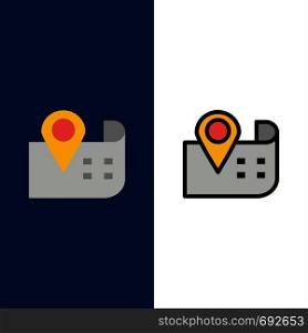 Map, Navigation, Location Icons. Flat and Line Filled Icon Set Vector Blue Background