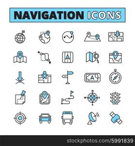 Map navigation outlined icons set. Map navigation for finding location symbols on your phone tablet outlined pictograms set abstract isolated vector illustration