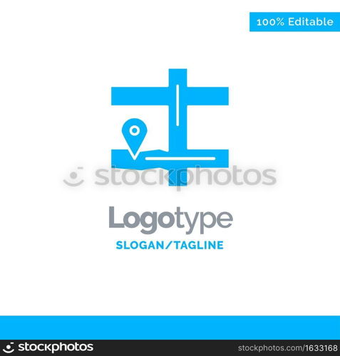 Map, Navigation, Pin Blue Solid Logo Template. Place for Tagline