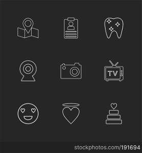 map , navigation , teeth , camera , tv , heart , emoji , cake , icon, vector, design,  flat,  collection, style, creative,  icons