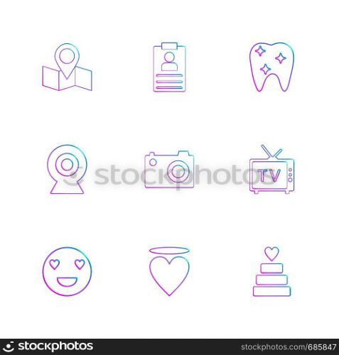 map , navigation , teeth , camera , tv , heart , emoji , cake , icon, vector, design, flat, collection, style, creative, icons