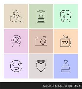 map , navigation , teeth , camera , tv , heart , emoji , cake , icon, vector, design, flat, collection, style, creative, icons