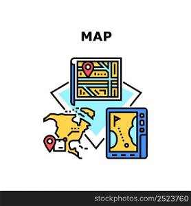 Map Navigation Vector Icon Concept. Digital Map Navigation Electronic Device And Paper Page For Finding Way Direction, For Searching Order Parcel Online And Plan Orientation Color Illustration. Map Navigation Vector Concept Color Illustration