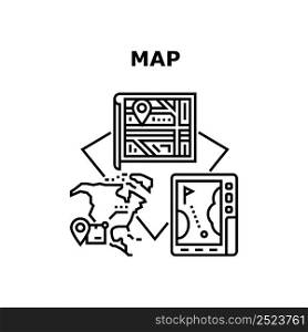 Map Navigation Vector Icon Concept. Digital Map Navigation Electronic Device And Paper Page For Finding Way Direction, For Searching Order Parcel Online And Plan Orientation Black Illustration. Map Navigation Vector Concept Black Illustration