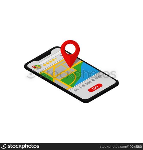 map navigator in phone isometry whith location icon, flat. map navigator in phone isometry whith location icon