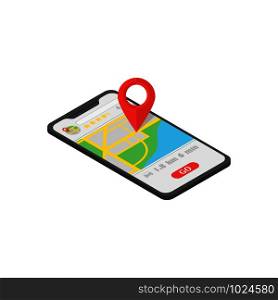 map navigator in phone isometry whith location icon, flat. map navigator in phone isometry whith location icon