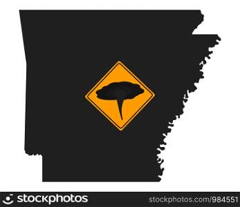 Map of Arkansas and traffic sign tornado warning