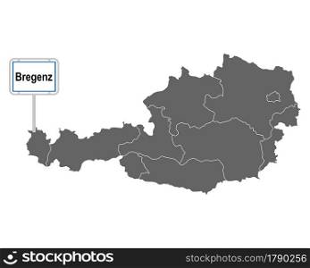Map of Austria with road sign of Bregenz