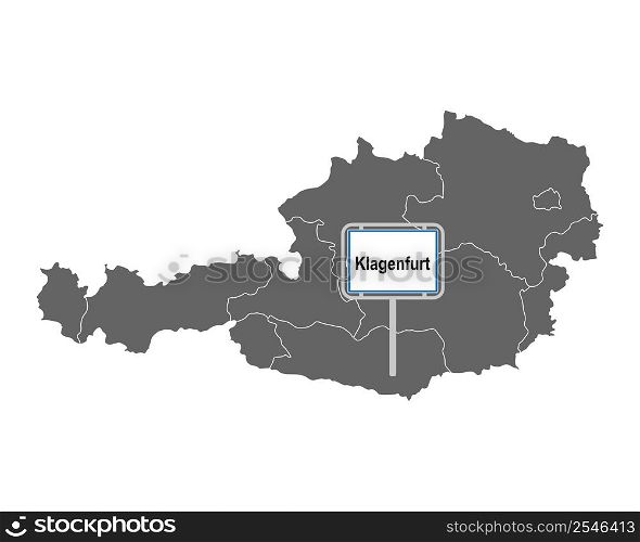 Map of Austria with road sign of Klagenfurt