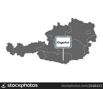 Map of Austria with road sign of Klagenfurt