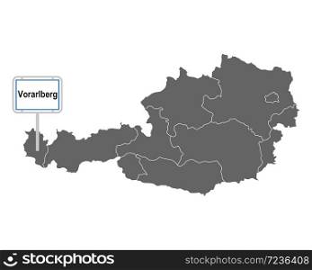 Map of Austria with road sign of Vorarlberg