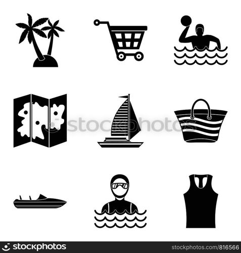 Map of beach icons set. Simple set of 9 map of beach vector icons for web isolated on white background. Map of beach icons set, simple style