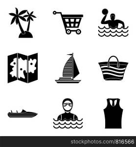 Map of beach icons set. Simple set of 9 map of beach vector icons for web isolated on white background. Map of beach icons set, simple style