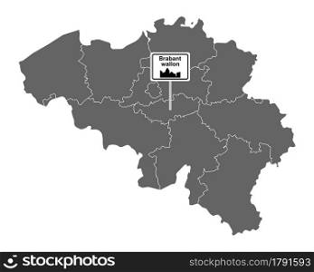 Map of Belgium with road sign Brabant-Wallon