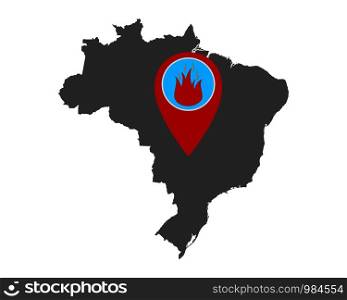 Map of Brazil and pin with fire warning