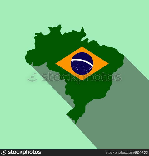 Map of Brazil with the image of the national flag icon in flat style on a light blue background . Map of Brazil with the image of the national flag