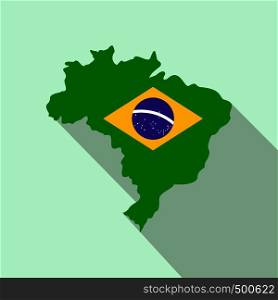 Map of Brazil with the image of the national flag icon in flat style on a light blue background . Map of Brazil with the image of the national flag