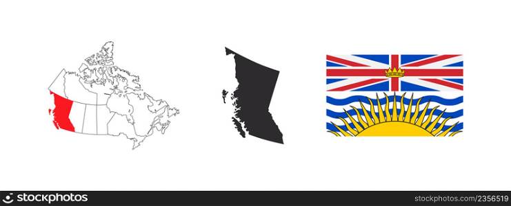 Map of British Columbia. Flag of British Columbia. Provinces and territories of Canada. Vector illustration