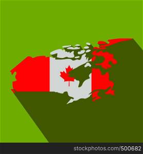 Map of Canada with the image of the national flag icon in flat style on a green background . Map of Canada with the image of the national flag