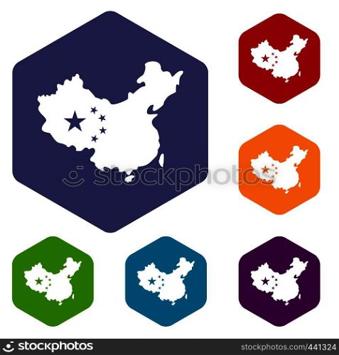 Map of China icons set hexagon isolated vector illustration. Map of China icons set hexagon