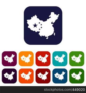 Map of China icons set vector illustration in flat style In colors red, blue, green and other. Map of China icons set flat