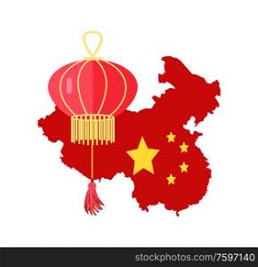 Map of Chinese country vector, traditional representation of China with flag stars and paper lantern isolated flat style. Oriental culture elements. China Map Colored in Red and Paper Lantern Vector