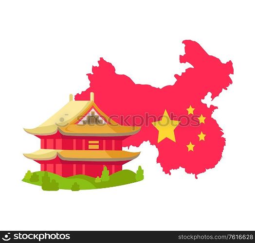 Map of country decorated by national flag, traditional Chinese building, historic house, asian sight. Flat design style of residential landmark vector. China Building and Map with Flag, Asia Vector