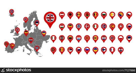 map of europe with 38 pointer flag set, vector. map of europe with 38 pointer flag set