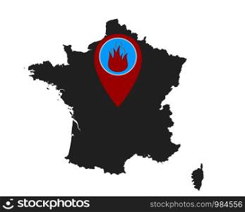 Map of France and pin with fire warning