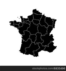 Map of France. France map with borders of the regions. Detailed vector illustration of French Republic . Black outlines isolated on white background. Image for political articles and official documents.