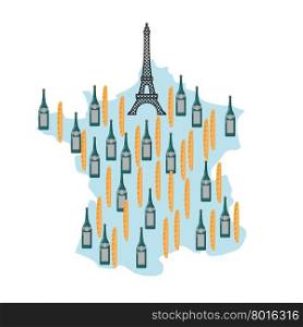 Map of France with Eiffel Tower in Paris. National French food: baguette and French wine. Landmarks in Europe. Architectural Cultural Monument of country. Bread and alcohol. Funny tourist map