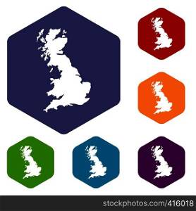 Map of Great Britain icons set rhombus in different colors isolated on white background. Map of Great Britain icons set