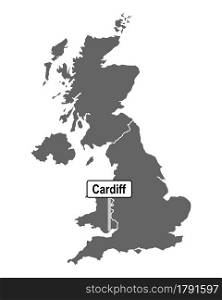 Map of Great Britain with road sign of Cardiff