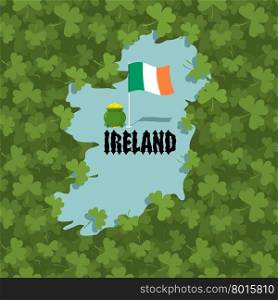 Map of Ireland and Shamrock. Many of clover in Ireland. Irish flag and gold leprechaun. Ancient Celtic font. illustration for feast of St. Patrick in Ireland&#xA;