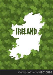 Map of Ireland. Gothic font and clover. Country abounds in Shamrock. Grass texture background