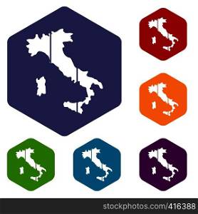 Map of Italy icons set rhombus in different colors isolated on white background. Map of Italy icons set