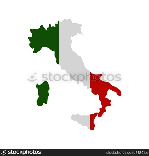 Map of Italy with national flag icon in flat style isolated on white background. Map of Italy with national flag icon, flat style