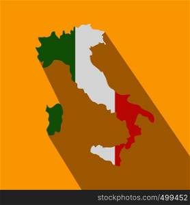 Map of Italy with national flag icon in flat style on yellow background. Map of Italy with national flag icon, flat style