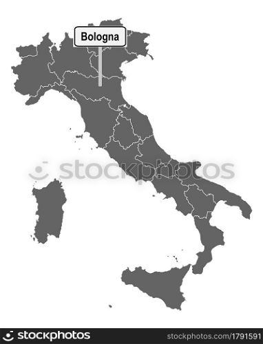 Map of Italy with road sign of Bologna