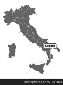 Map of Italy with road sign of Calabria
