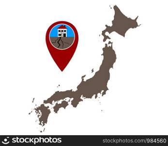 Map of Japan and pin with earthquake symbol
